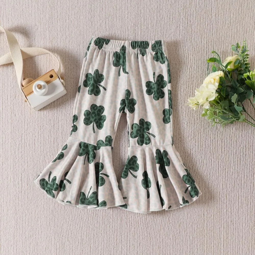 New Four-leaf Clover St Patrick's Day Letter Fly Sleeve Romper Flared Pants Girls Suit Wholesale