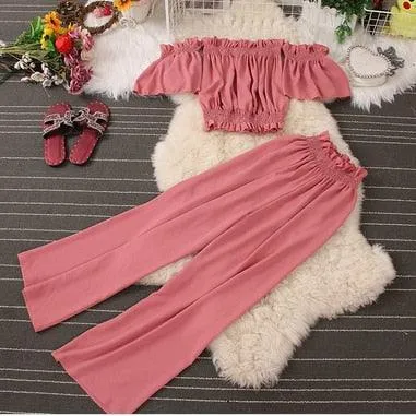 New high waist wide waist pants   off the shoulder slash neck short two-piece set