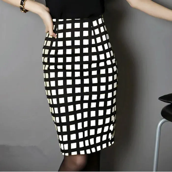 New plaid bag hip skirt large size S-5XL casual skirt ladies temperament high waist stretch pencil skirt office