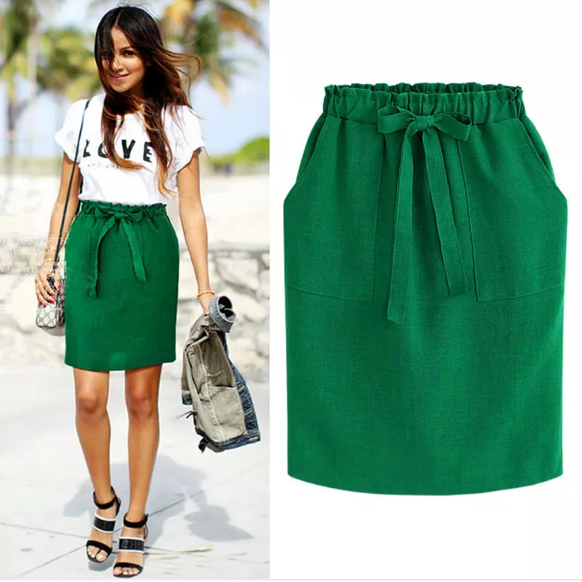 New Spring Summer Elegant Midi Skirts Womens Office Pencil Skirt Cotton Elastic Waist Package Hip Skirt Bow Skirt Green