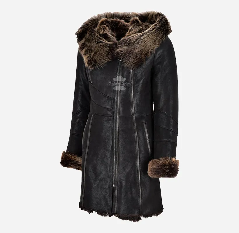 Novi Women's Montana Toscana Coat 3/4 Length Sheepskin Coat Black