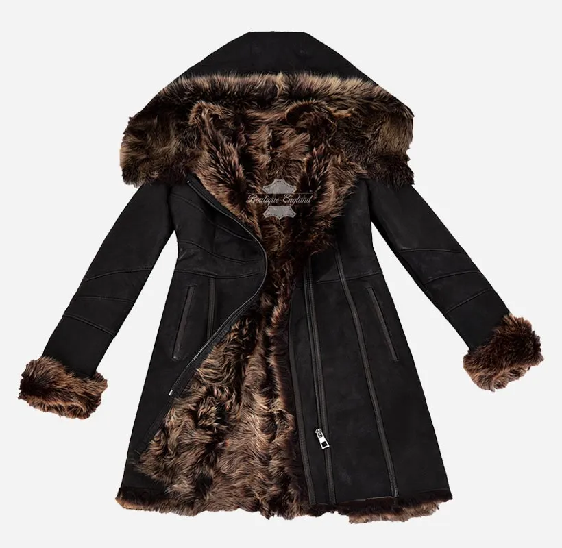 Novi Women's Montana Toscana Coat 3/4 Length Sheepskin Coat Black