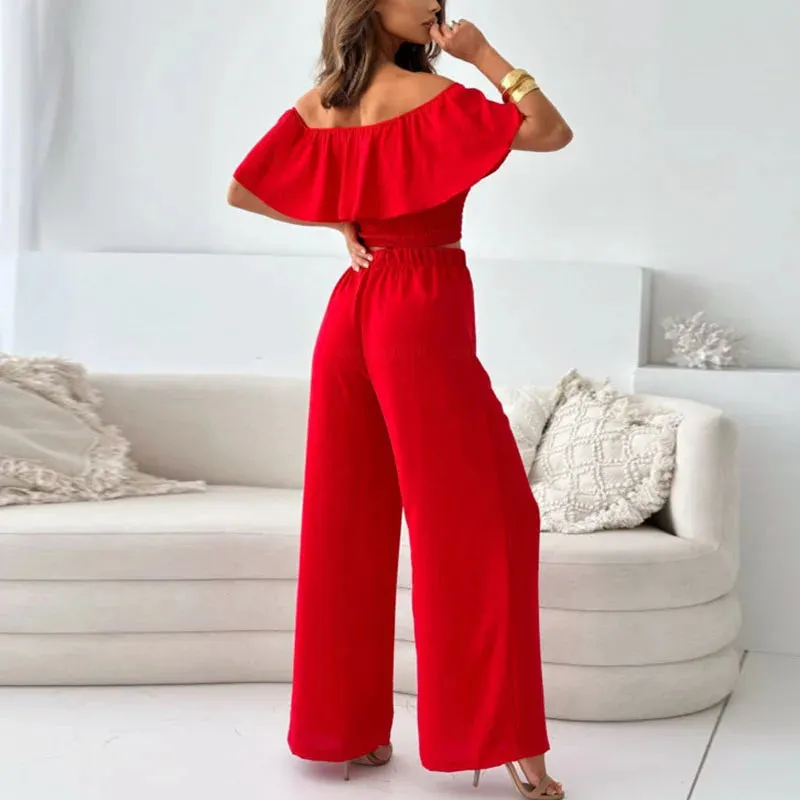 Off Shoulder Blouse Top High Waist Pants Fashionable Solid Office Sexy Set