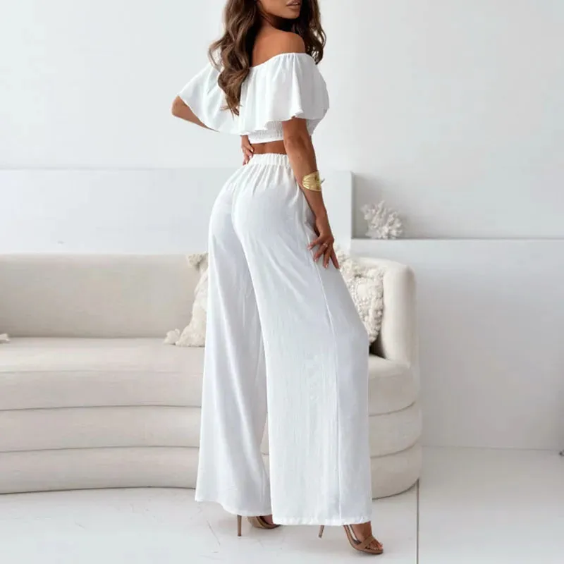 Off Shoulder Blouse Top High Waist Pants Fashionable Solid Office Sexy Set