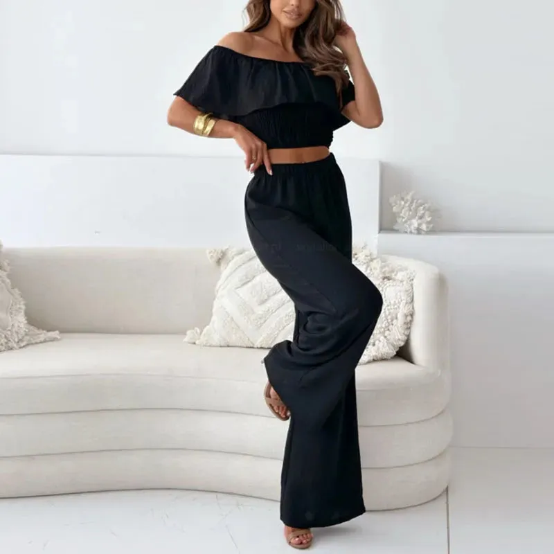 Off Shoulder Blouse Top High Waist Pants Fashionable Solid Office Sexy Set