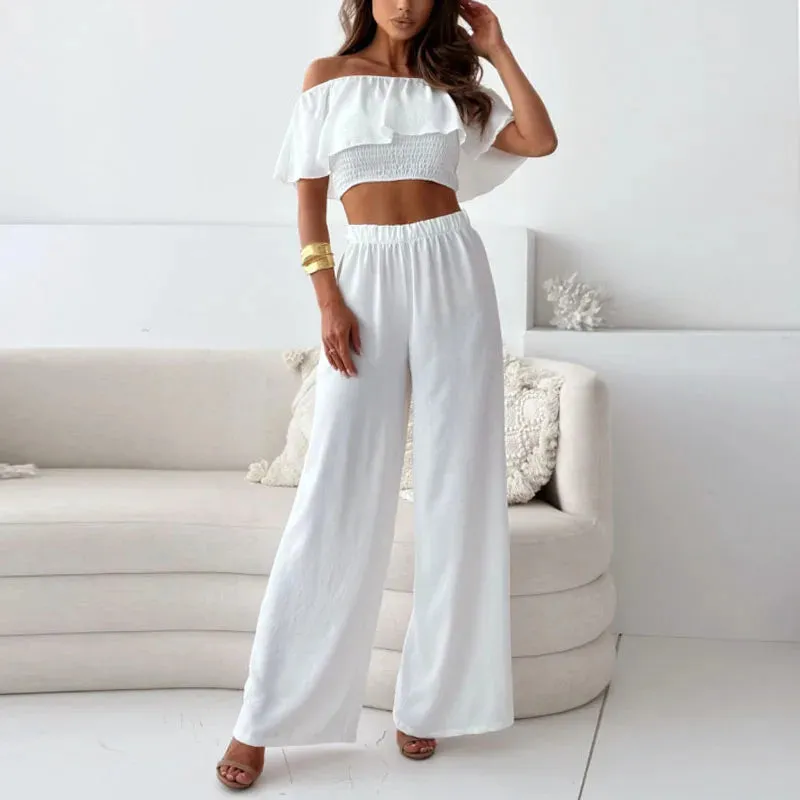 Off Shoulder Blouse Top High Waist Pants Fashionable Solid Office Sexy Set