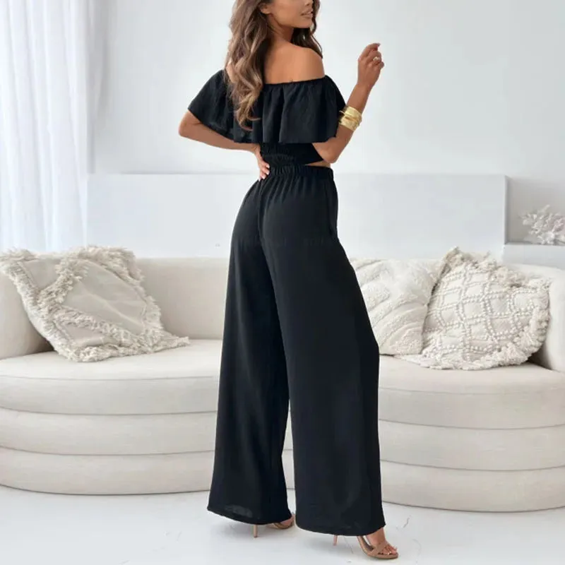 Off Shoulder Blouse Top High Waist Pants Fashionable Solid Office Sexy Set