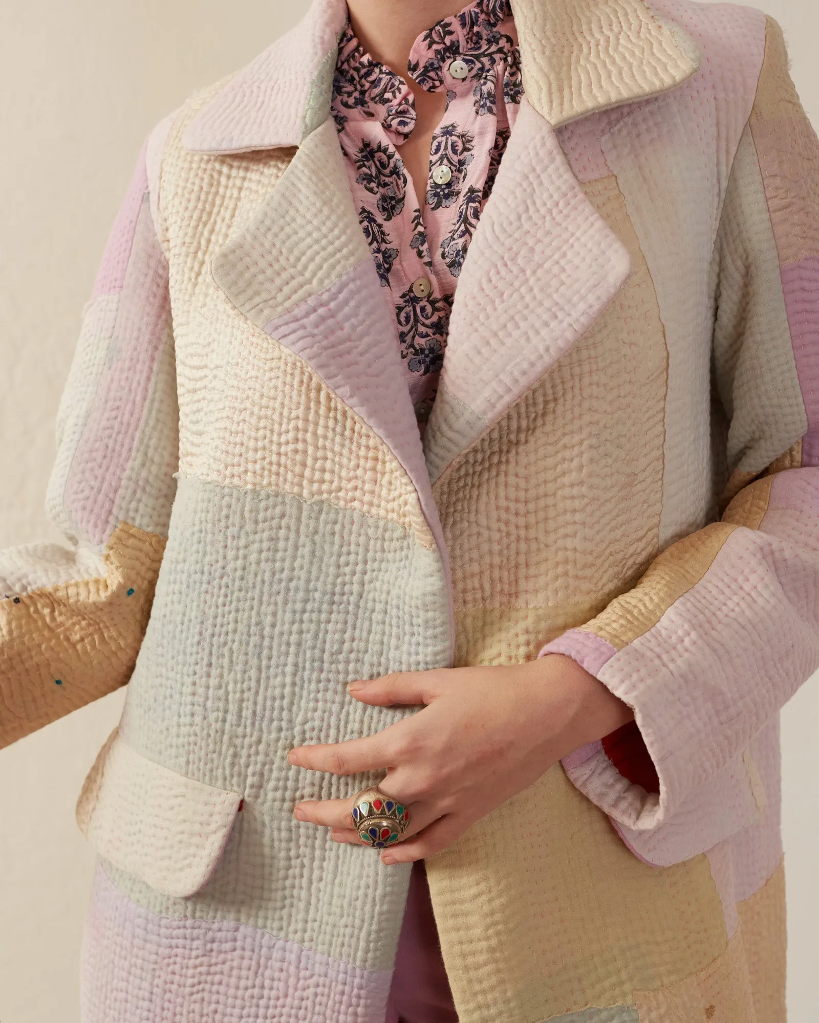 Officer Pastel Patchwork Kantha Coat