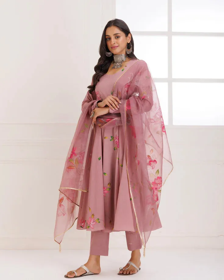 Organza Mauve Hand Painted Anarkali Suit Set with Dupatta