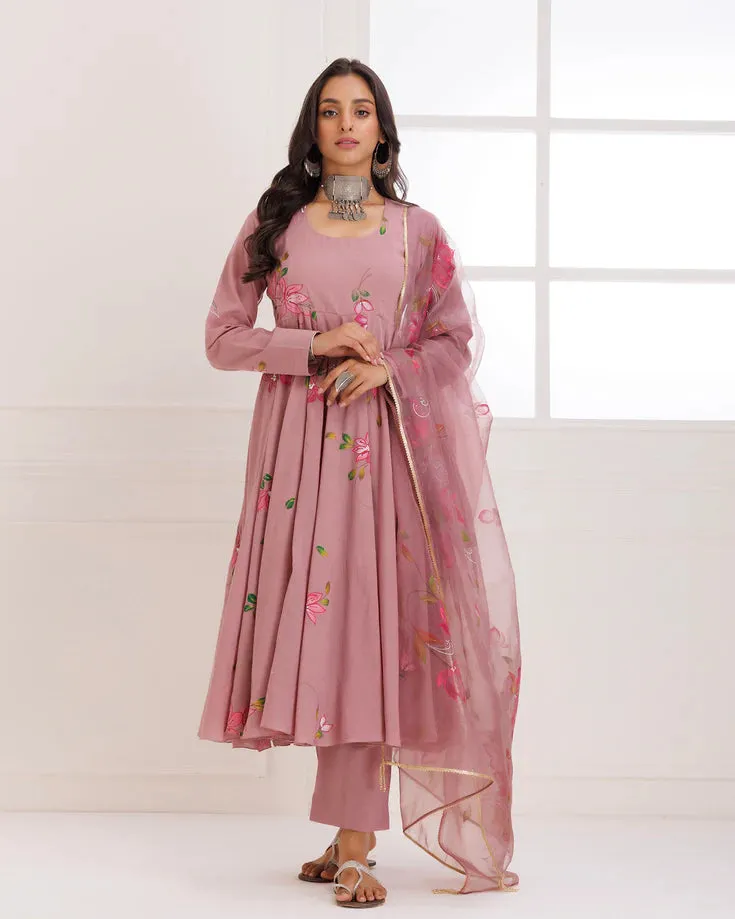 Organza Mauve Hand Painted Anarkali Suit Set with Dupatta