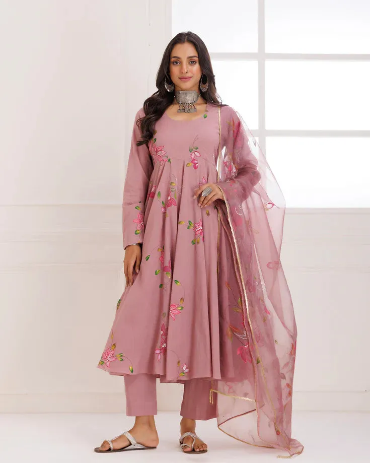 Organza Mauve Hand Painted Anarkali Suit Set with Dupatta