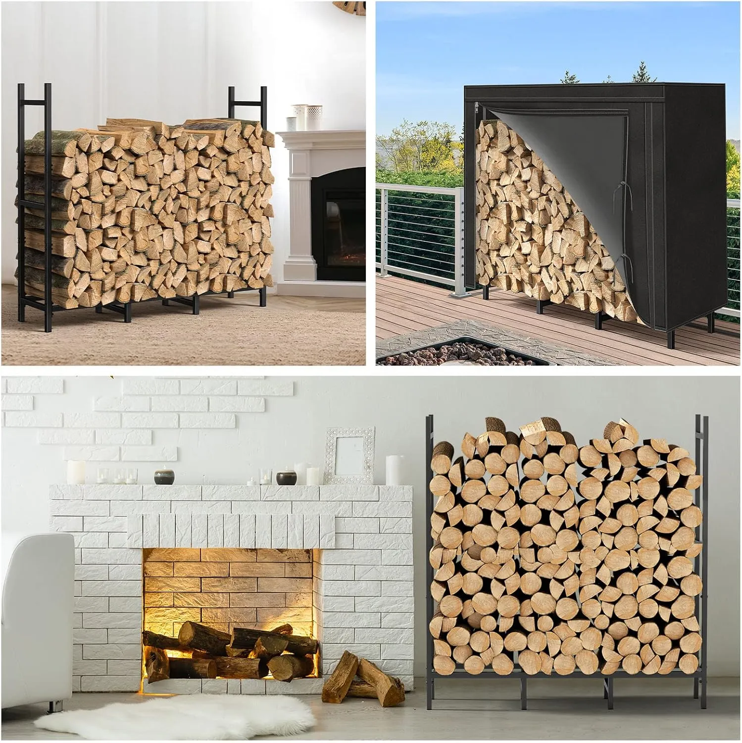 Outdoor Firewood Rack with Cover Combo Set Waterproof for Wood Storage, Adjustable Fire Log Stacker Stand, Heavy Duty Firewood Holder for Fireplace Metal Lumber Storage Carrier Organizer