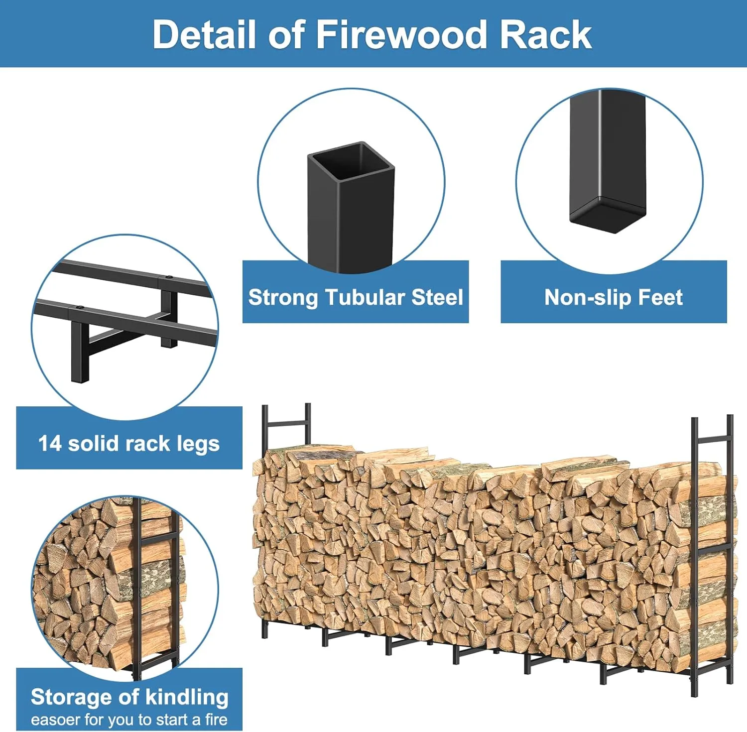 Outdoor Firewood Rack with Cover Combo Set Waterproof for Wood Storage, Adjustable Fire Log Stacker Stand, Heavy Duty Firewood Holder for Fireplace Metal Lumber Storage Carrier Organizer