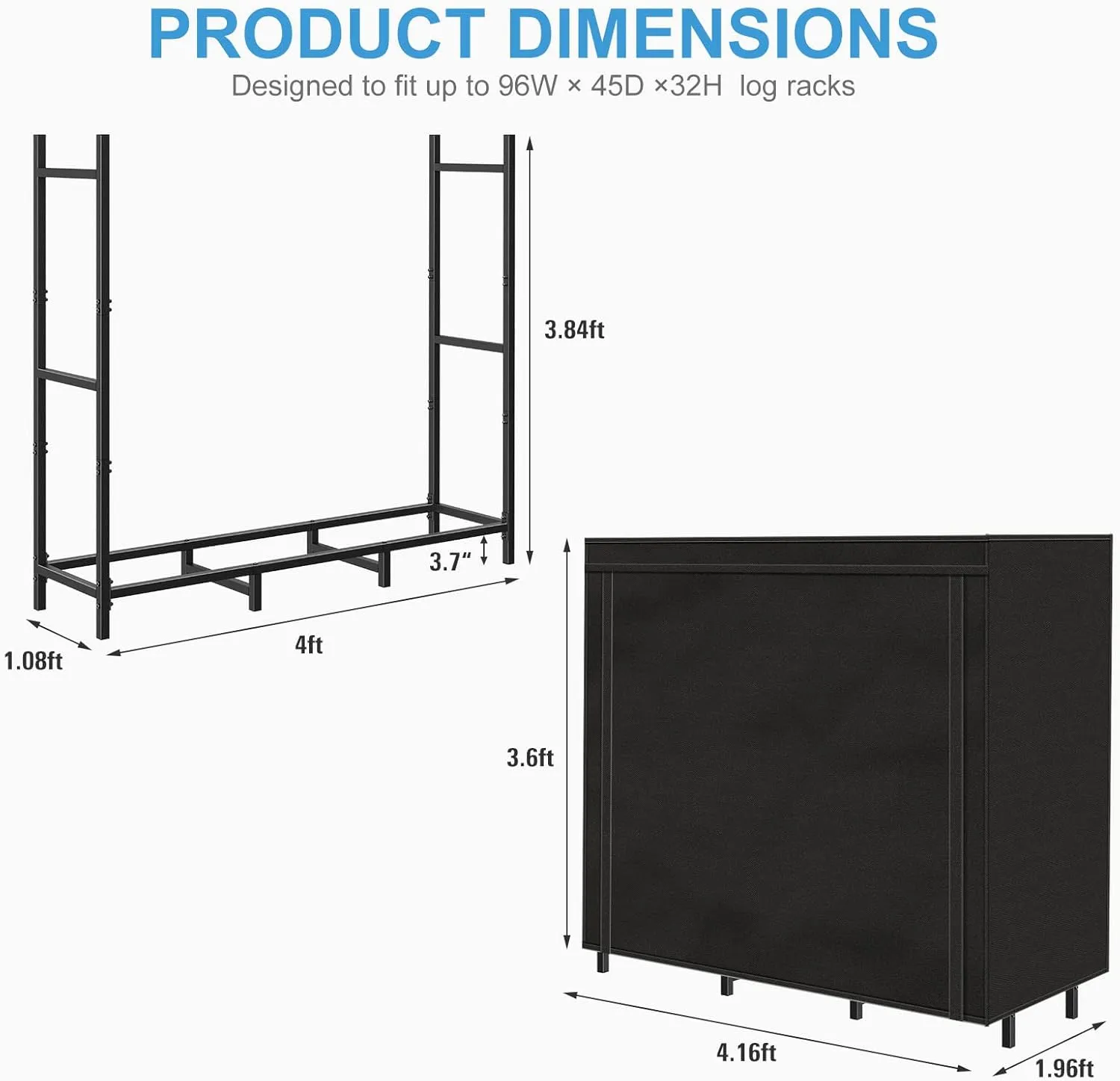 Outdoor Firewood Rack with Cover Combo Set Waterproof for Wood Storage, Adjustable Fire Log Stacker Stand, Heavy Duty Firewood Holder for Fireplace Metal Lumber Storage Carrier Organizer