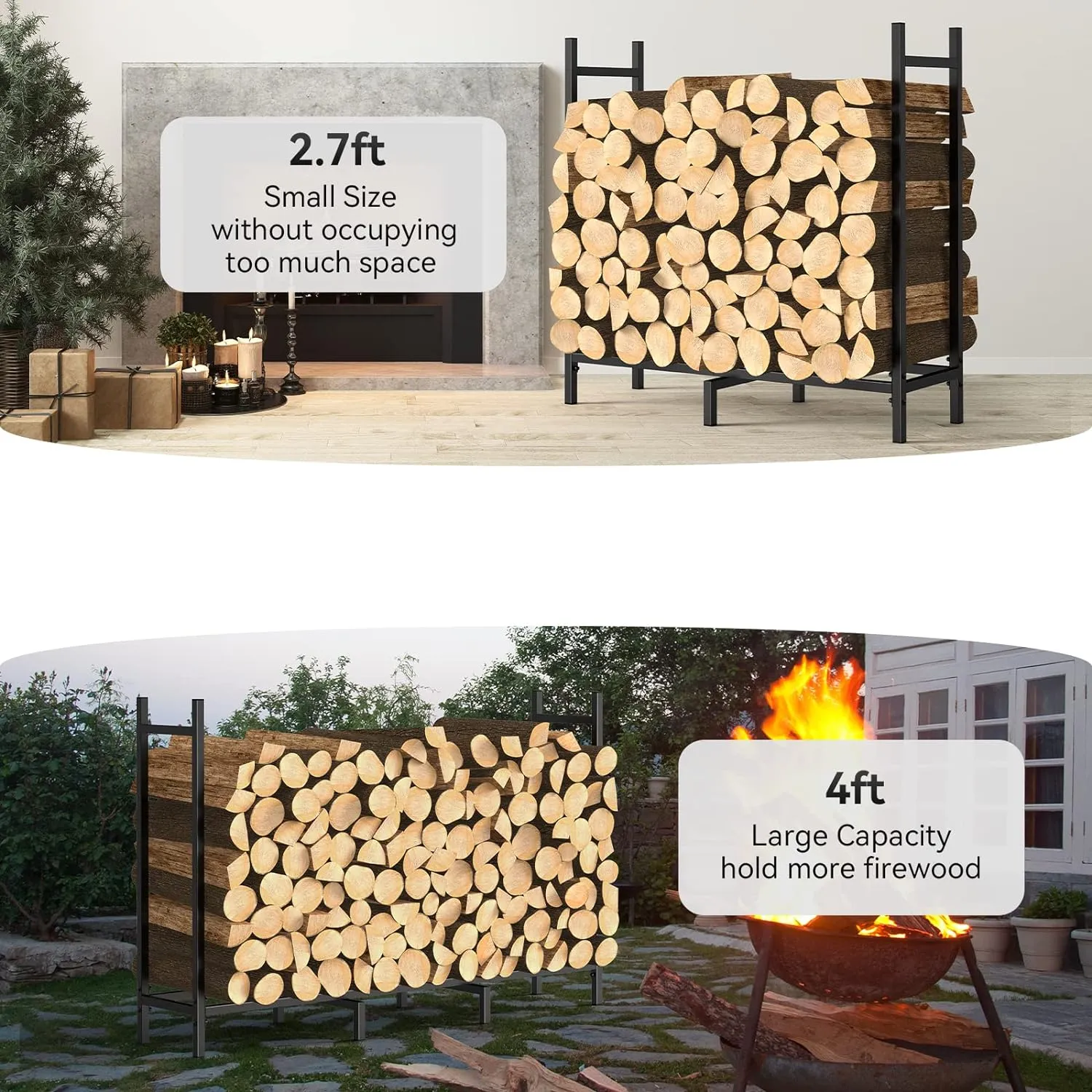 Outdoor Firewood Rack with Cover Combo Set Waterproof for Wood Storage, Adjustable Fire Log Stacker Stand, Heavy Duty Firewood Holder for Fireplace Metal Lumber Storage Carrier Organizer