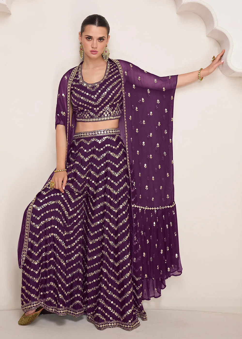 Party Plum Purple Embroidered Crop Top Style Sharara Suit