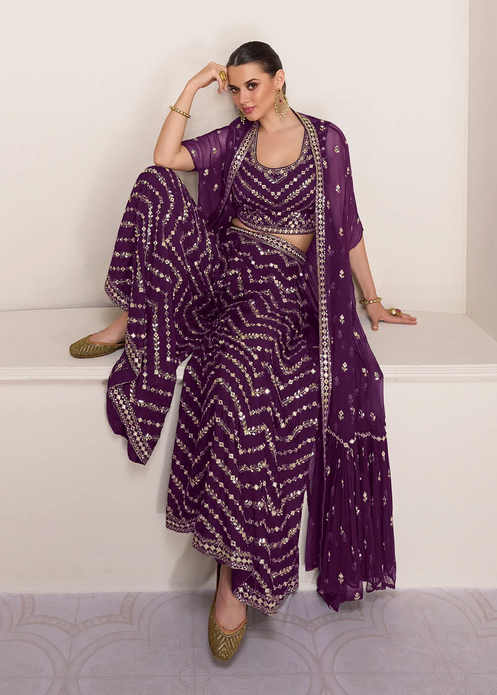 Party Plum Purple Embroidered Crop Top Style Sharara Suit