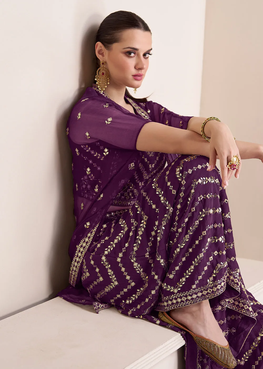 Party Plum Purple Embroidered Crop Top Style Sharara Suit