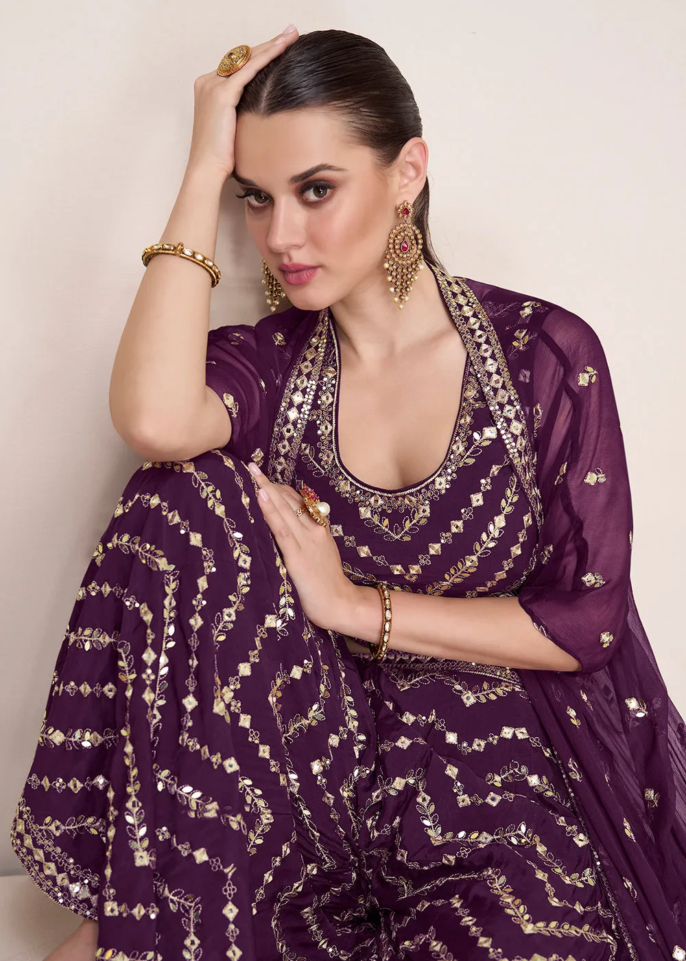 Party Plum Purple Embroidered Crop Top Style Sharara Suit