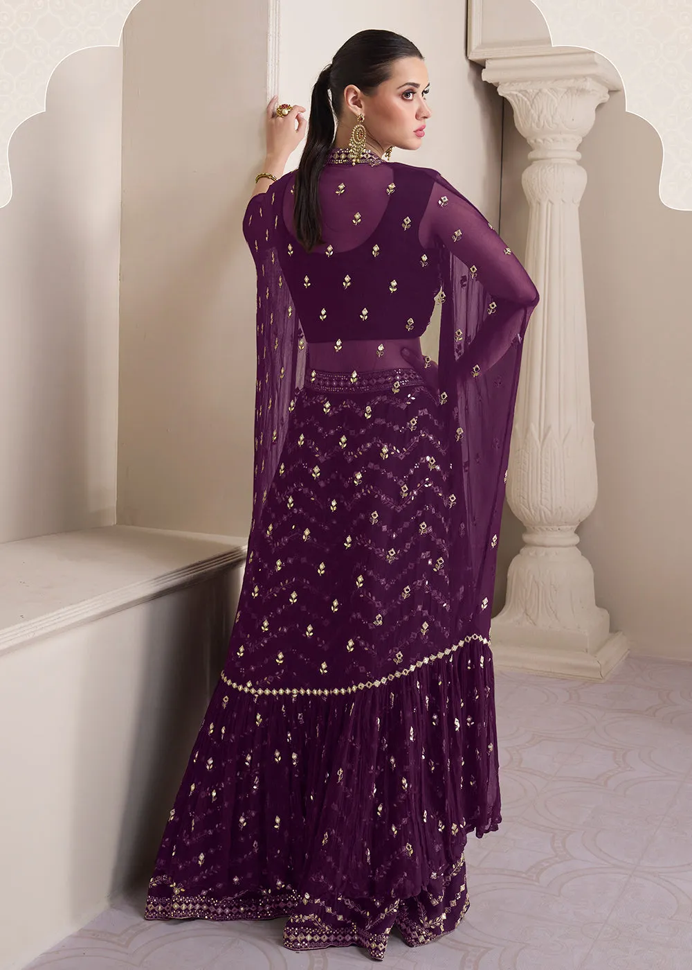 Party Plum Purple Embroidered Crop Top Style Sharara Suit