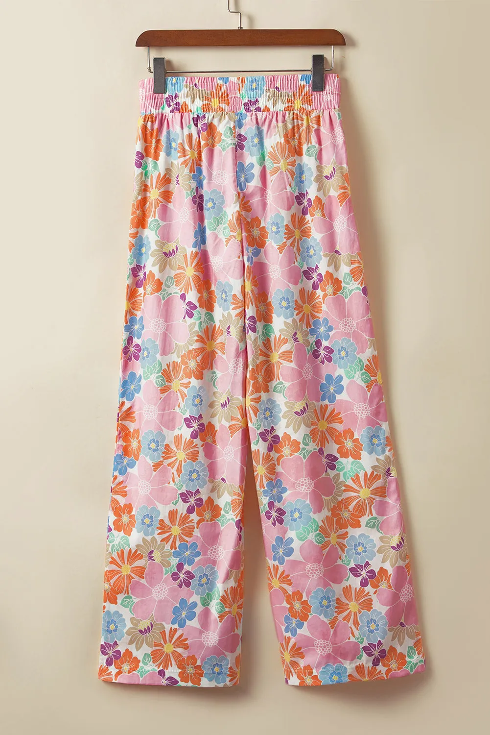 Pink Floral Smocked Waist Loose Pants