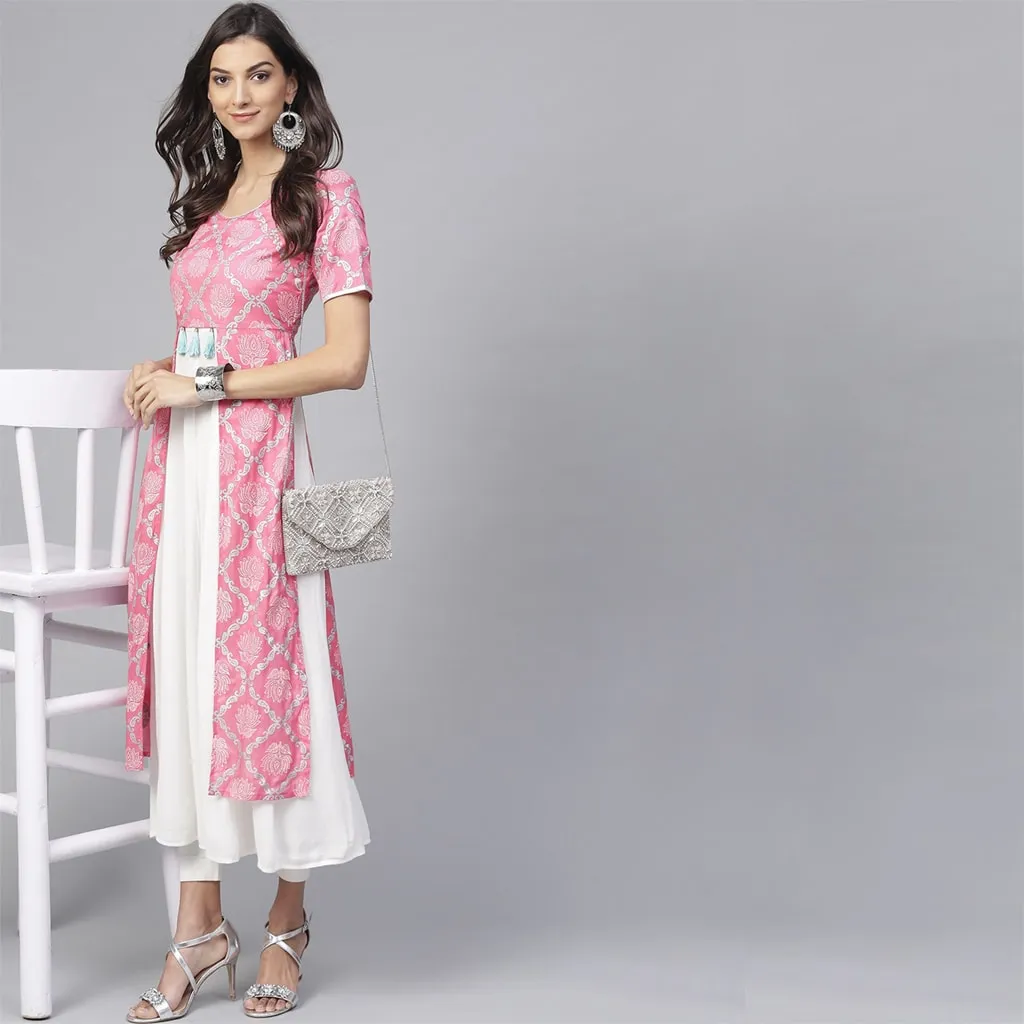 Pink Lotus Inspired Front Open Printed Kurta With Tassels (Copy)