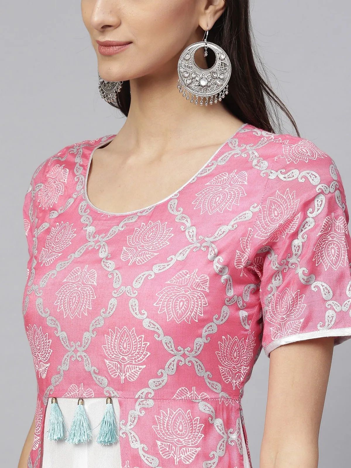 Pink Lotus Inspired Front Open Printed Kurta With Tassels (Copy)