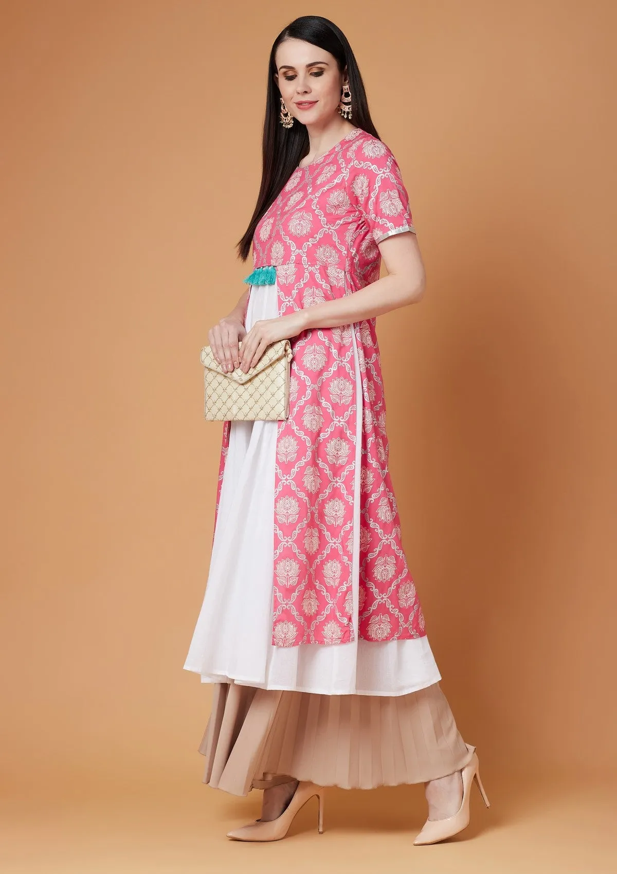 Pink Lotus Inspired Front Open Printed Kurta With Tassels (Copy)