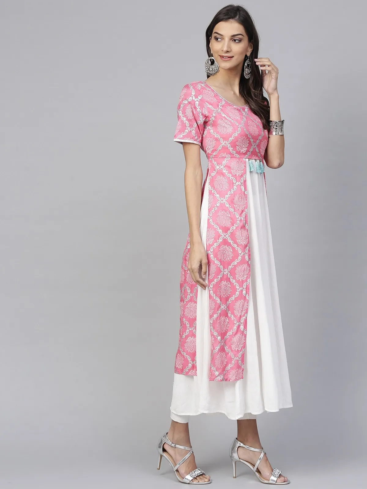 Pink Lotus Inspired Front Open Printed Kurta With Tassels (Copy)