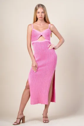 Pink Striped Pattern Cut Out Slit Hem Sweater Dress