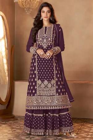 Plum Purple Straight Cut Georgette Designer Sharara Suit