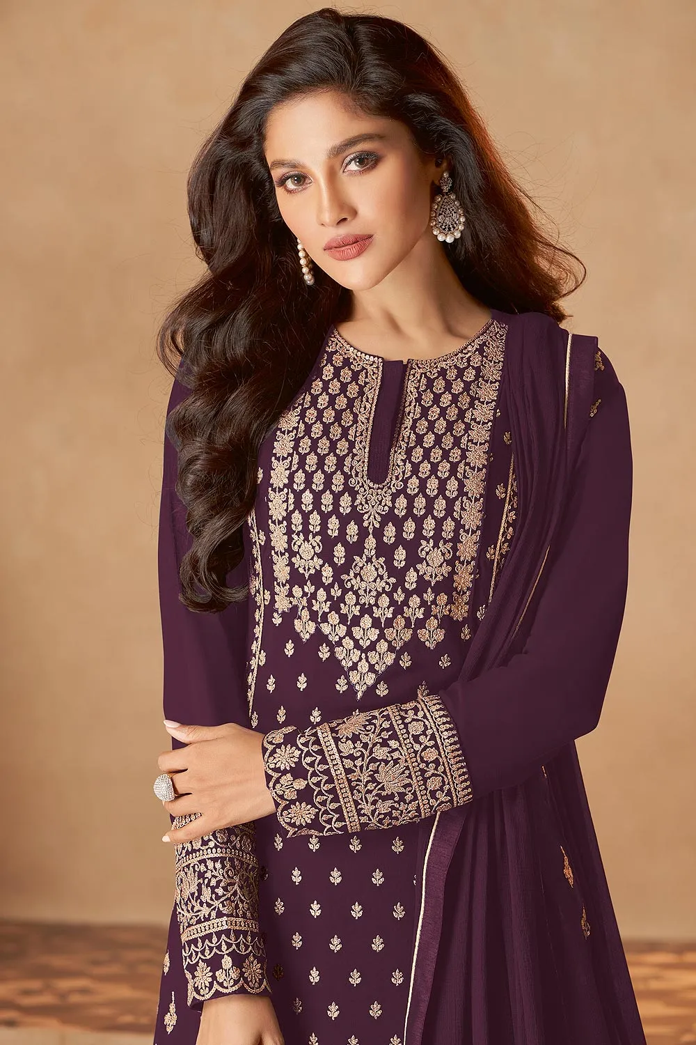 Plum Purple Straight Cut Georgette Designer Sharara Suit