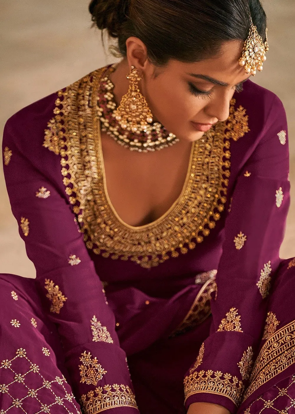 Plum Stone Work Embroidered Georgette Sharara Suit