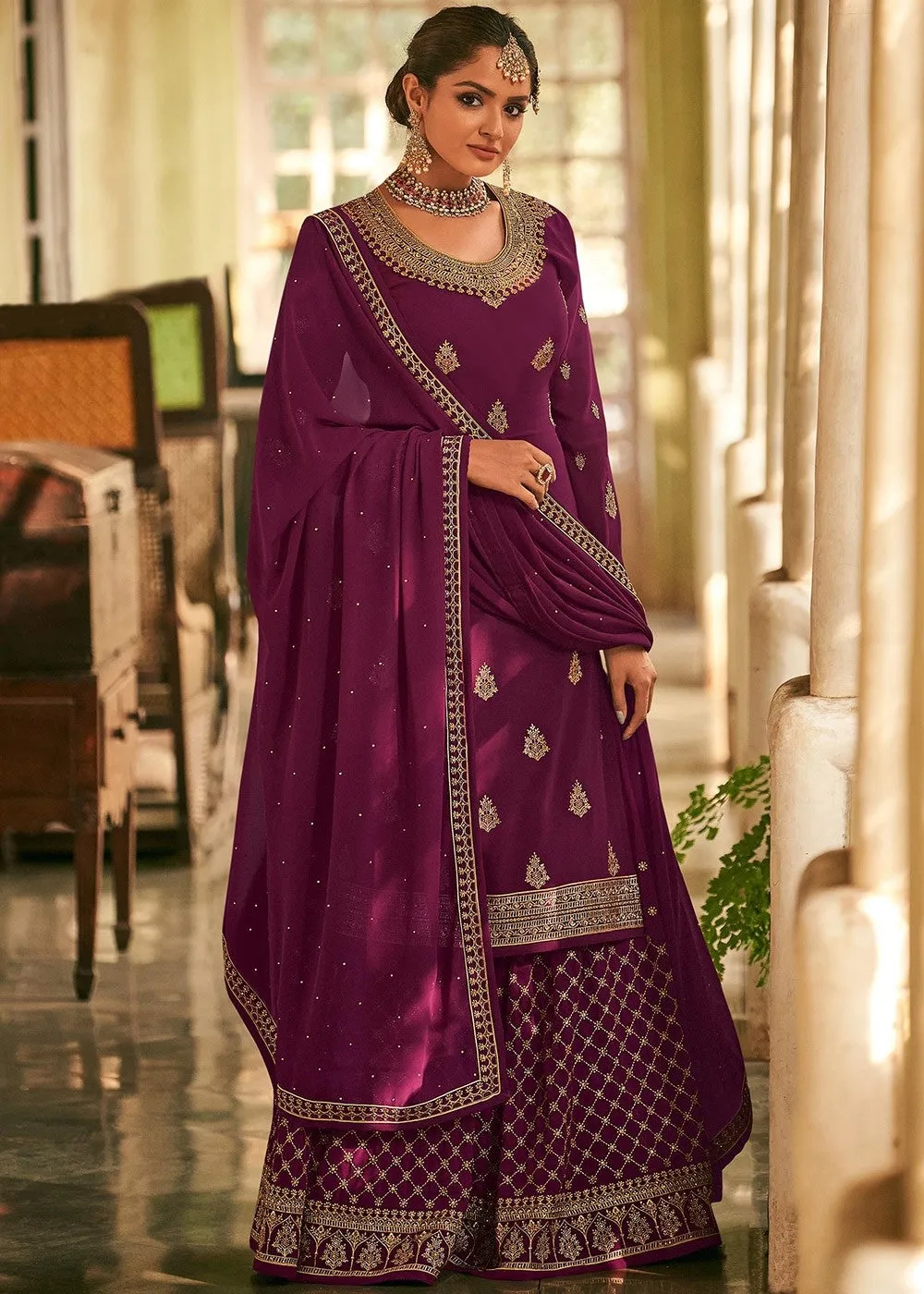 Plum Stone Work Embroidered Georgette Sharara Suit