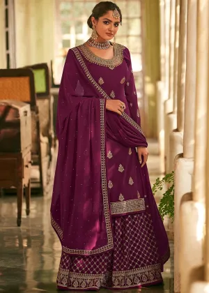 Plum Stone Work Embroidered Georgette Sharara Suit