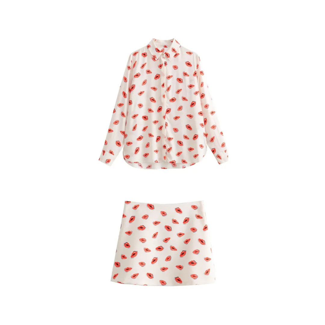 Pre Order:  Casual Lips Print Long Sleeve Shirt   Mini Skirt