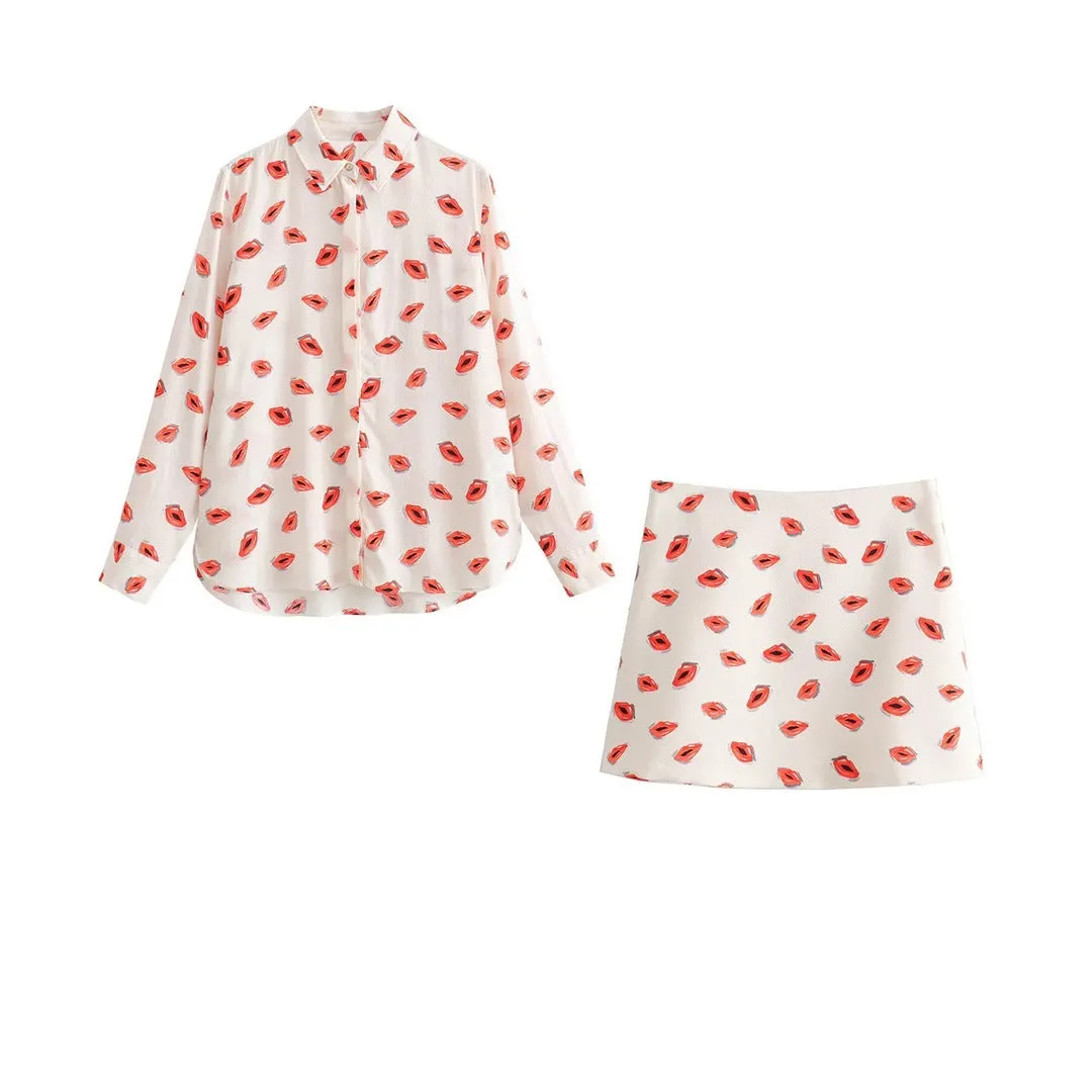 Pre Order:  Casual Lips Print Long Sleeve Shirt   Mini Skirt