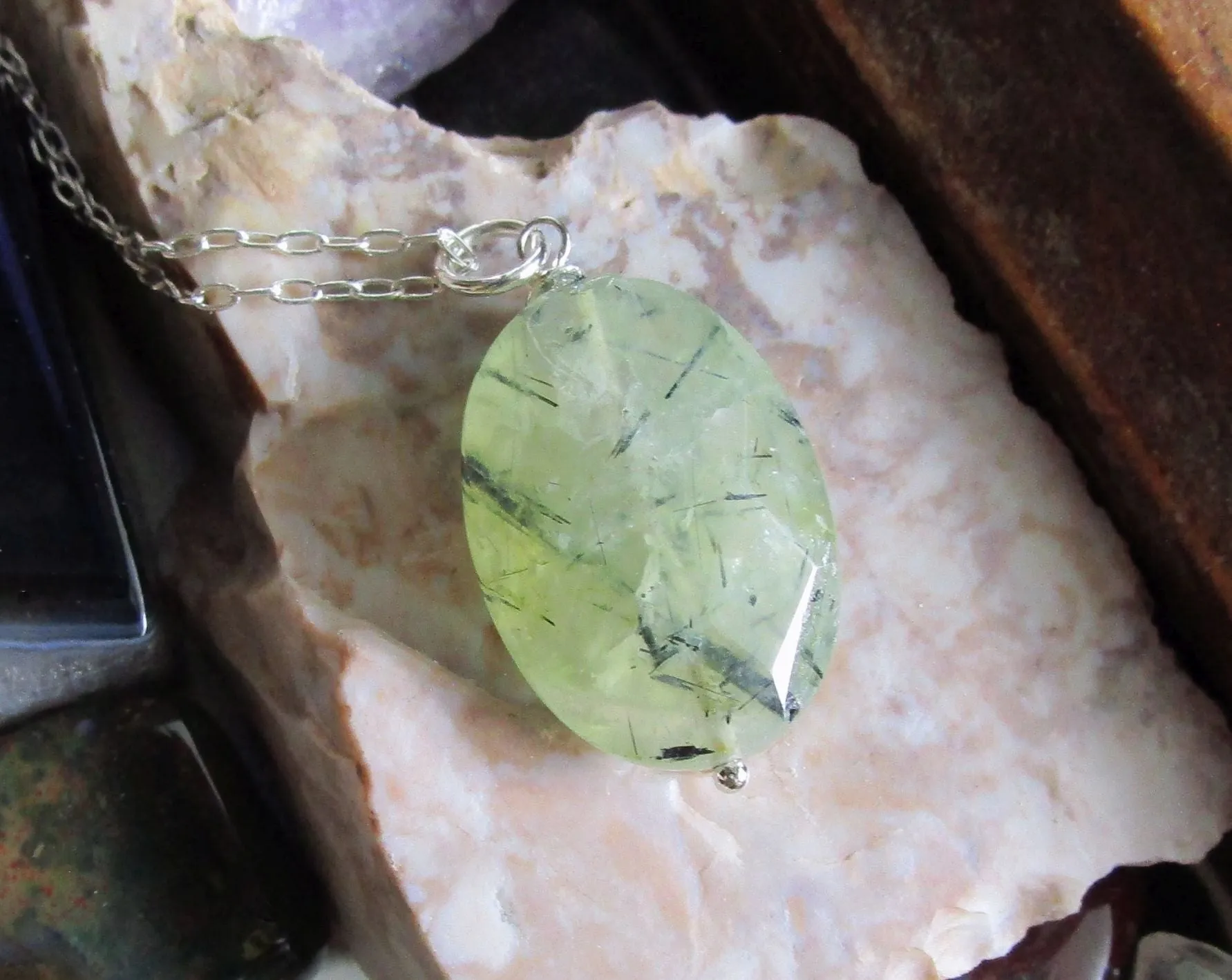 Prehnite Gemstone Faceted Crystal Bead Pendant Necklace