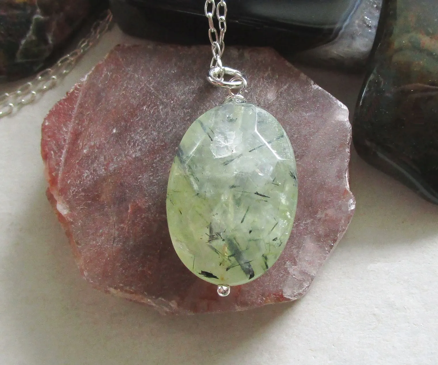 Prehnite Gemstone Faceted Crystal Bead Pendant Necklace