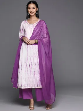 Purple & White Cotton Leheriya Print Suit Set with Silk Chiffon Dupatta