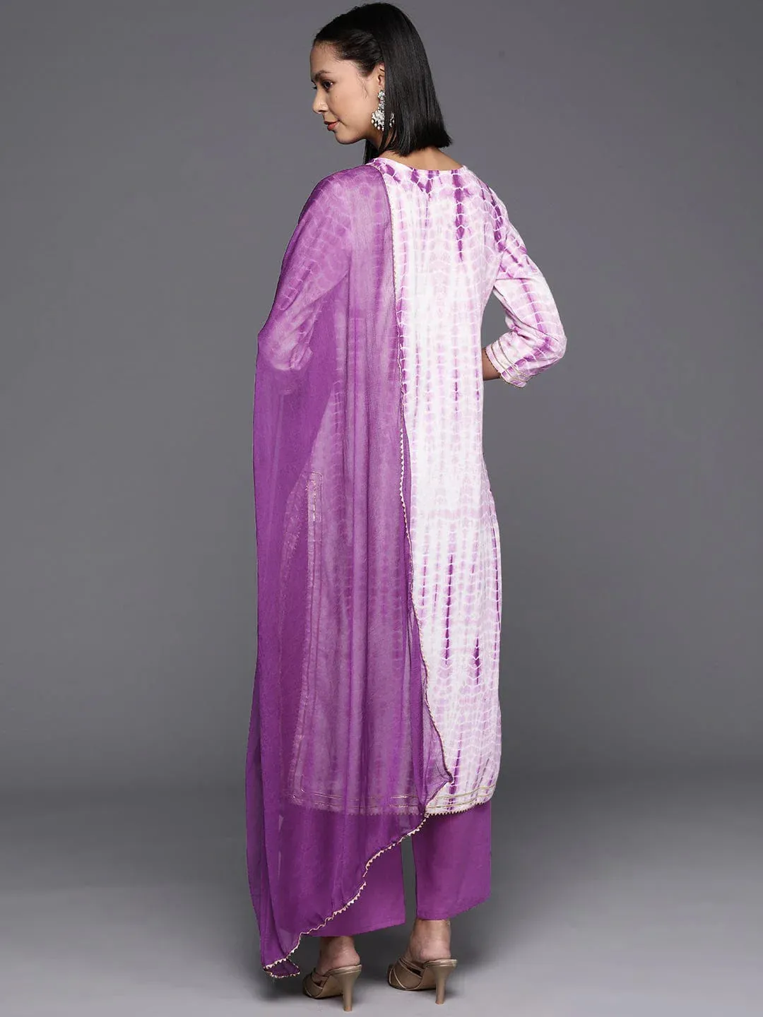 Purple & White Cotton Leheriya Print Suit Set with Silk Chiffon Dupatta