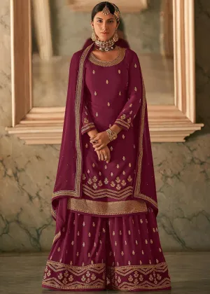 Purple Stone Work Embroidered Georgette Sharara Suit