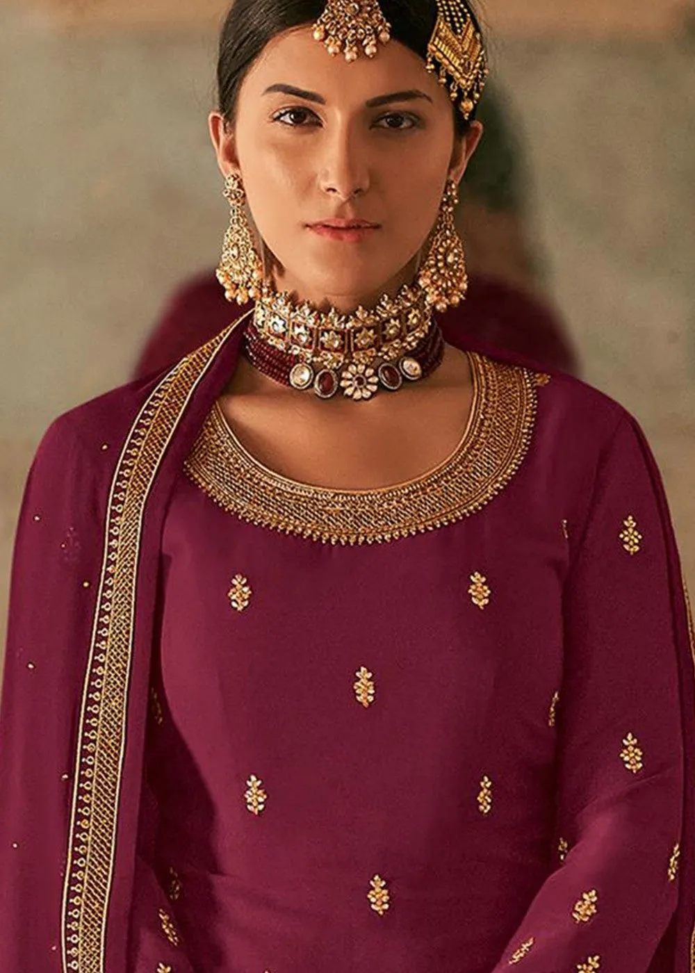 Purple Stone Work Embroidered Georgette Sharara Suit