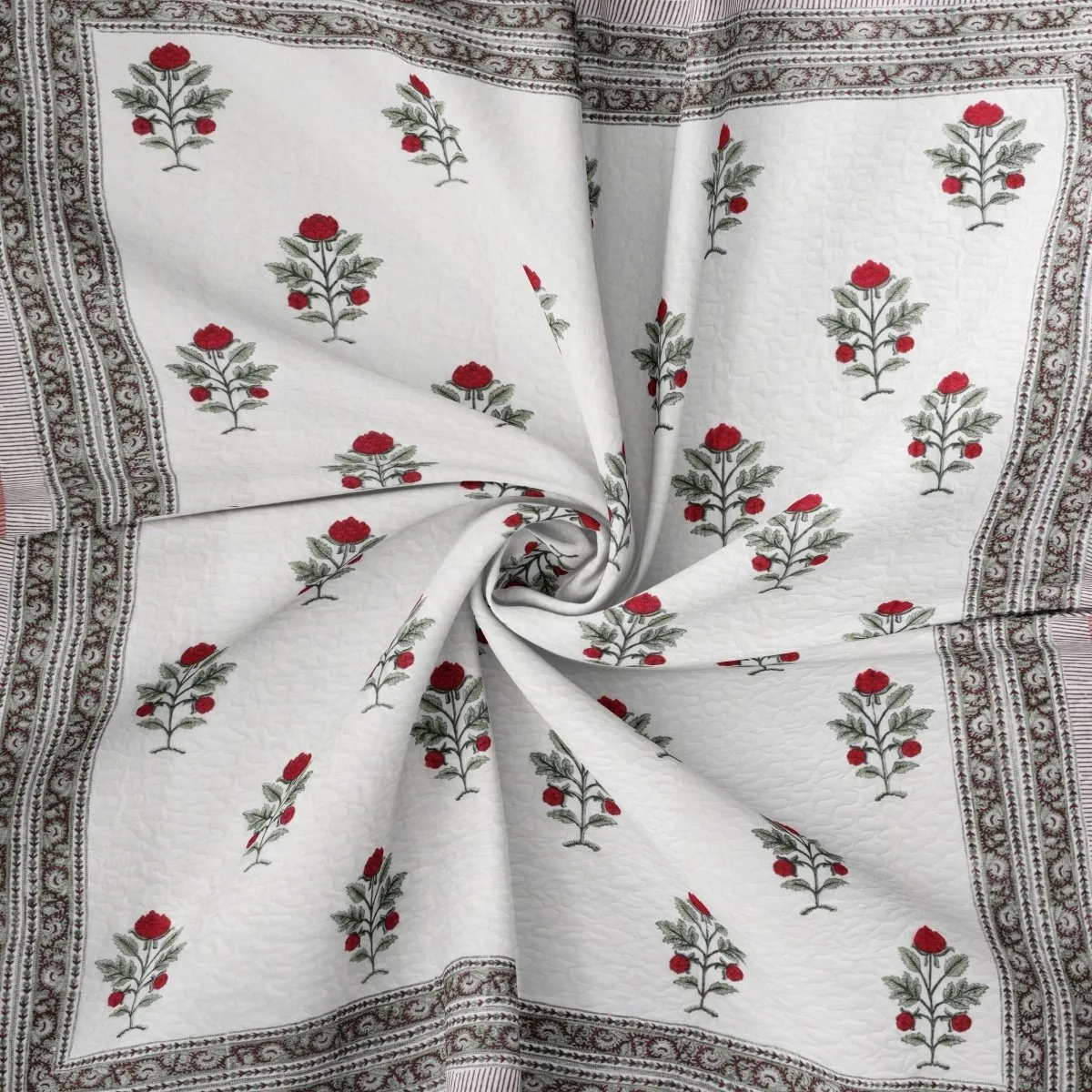 Quilted Double Bed Cover in Fine Cotton | 300 TC | Reversible Block Printed with Bright Floral | Handmade in India