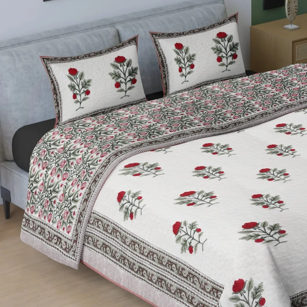 Quilted Double Bed Cover in Fine Cotton | 300 TC | Reversible Block Printed with Bright Floral | Handmade in India