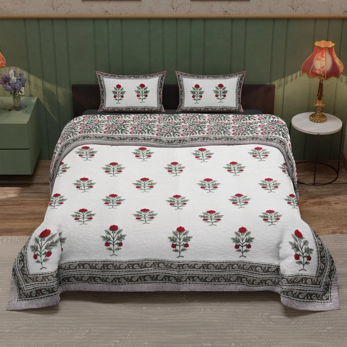 Quilted Double Bed Cover in Fine Cotton | 300 TC | Reversible Block Printed with Bright Floral | Handmade in India