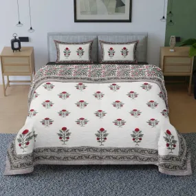 Quilted Double Bed Cover in Fine Cotton | 300 TC | Reversible Block Printed with Bright Floral | Handmade in India