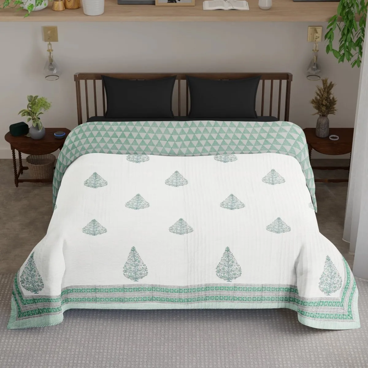 Quilted Double Bed Cover in Fine Cotton | 300 TC | Reversible Block Printed with Ornate Trees | Handmade in India