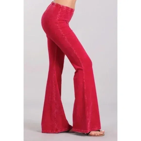 Raspberry Boho Mineral Wash Flared Bell Bottom Stretch Pull On Pants Womens