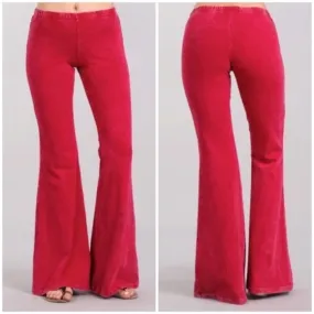 Raspberry Boho Mineral Wash Flared Bell Bottom Stretch Pull On Pants Womens